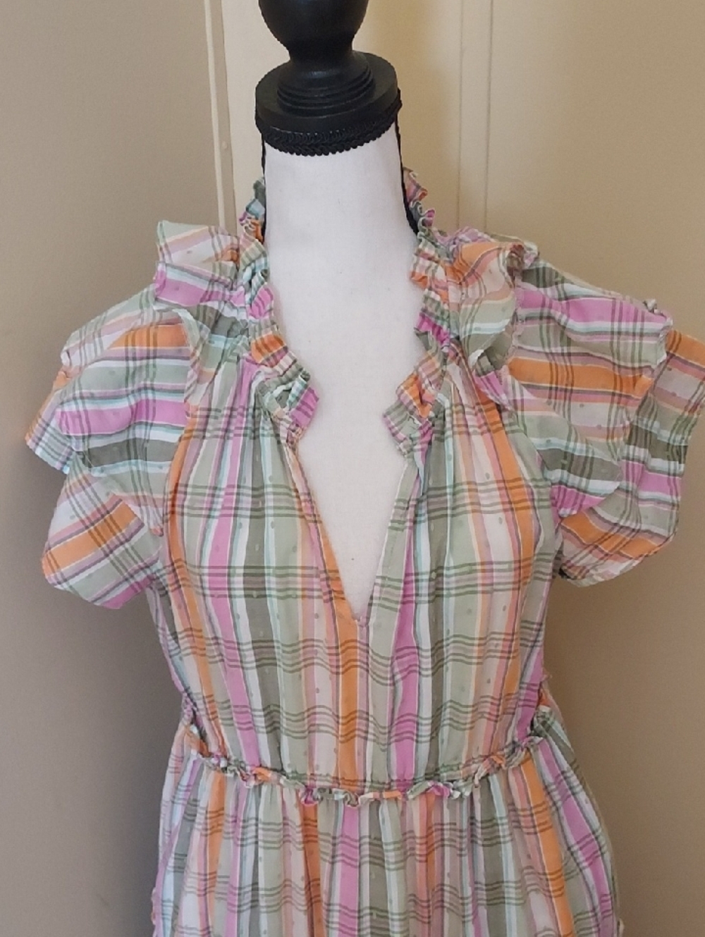 Plaid Ruffle Front Summer Dress in Pastel Stripe